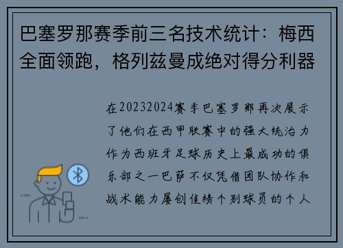 巴塞罗那赛季前三名技术统计：梅西全面领跑，格列兹曼成绝对得分利器