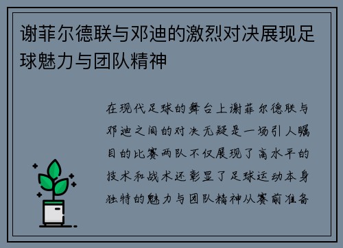 谢菲尔德联与邓迪的激烈对决展现足球魅力与团队精神